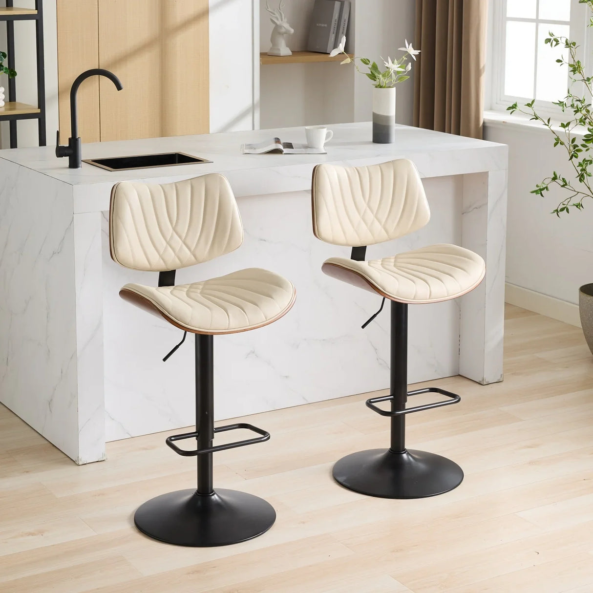 Counter Height Stool Adjustable PU Leather Swivel Beige - Furniture Home Direct