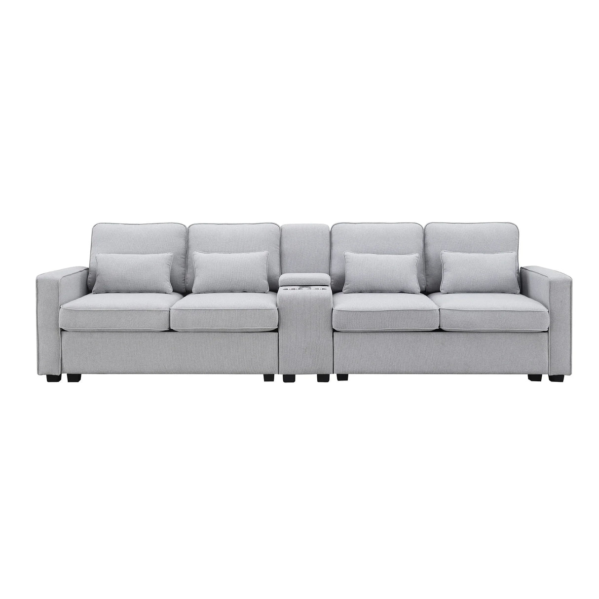 114.2 Sofa With Console 2 Cupholders 2 USB Ports Light Gray - Furniture Home Direct