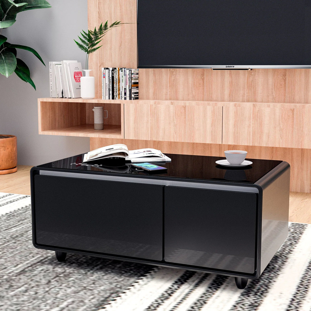 Modern Smart Coffee Table With Built-In Fridge - Bluetooth Speaker, Wireless Charging, Touch Control Panel, USB Interface, Outlet Protection, Atmosphere Light - Furniture Home Direct