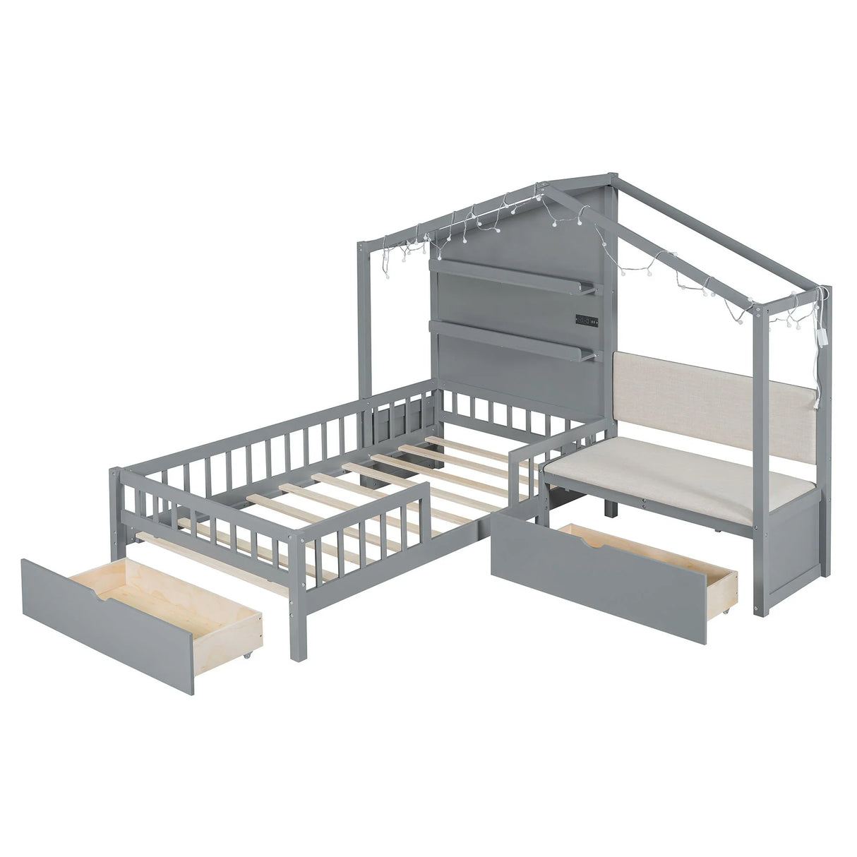 House Bed With Upholstered Sofa, Wireless Charging Station, Shelves And 2 Drawers - Furniture Home Direct