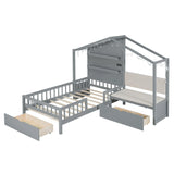 House Bed With Upholstered Sofa, Wireless Charging Station, Shelves And 2 Drawers - Furniture Home Direct