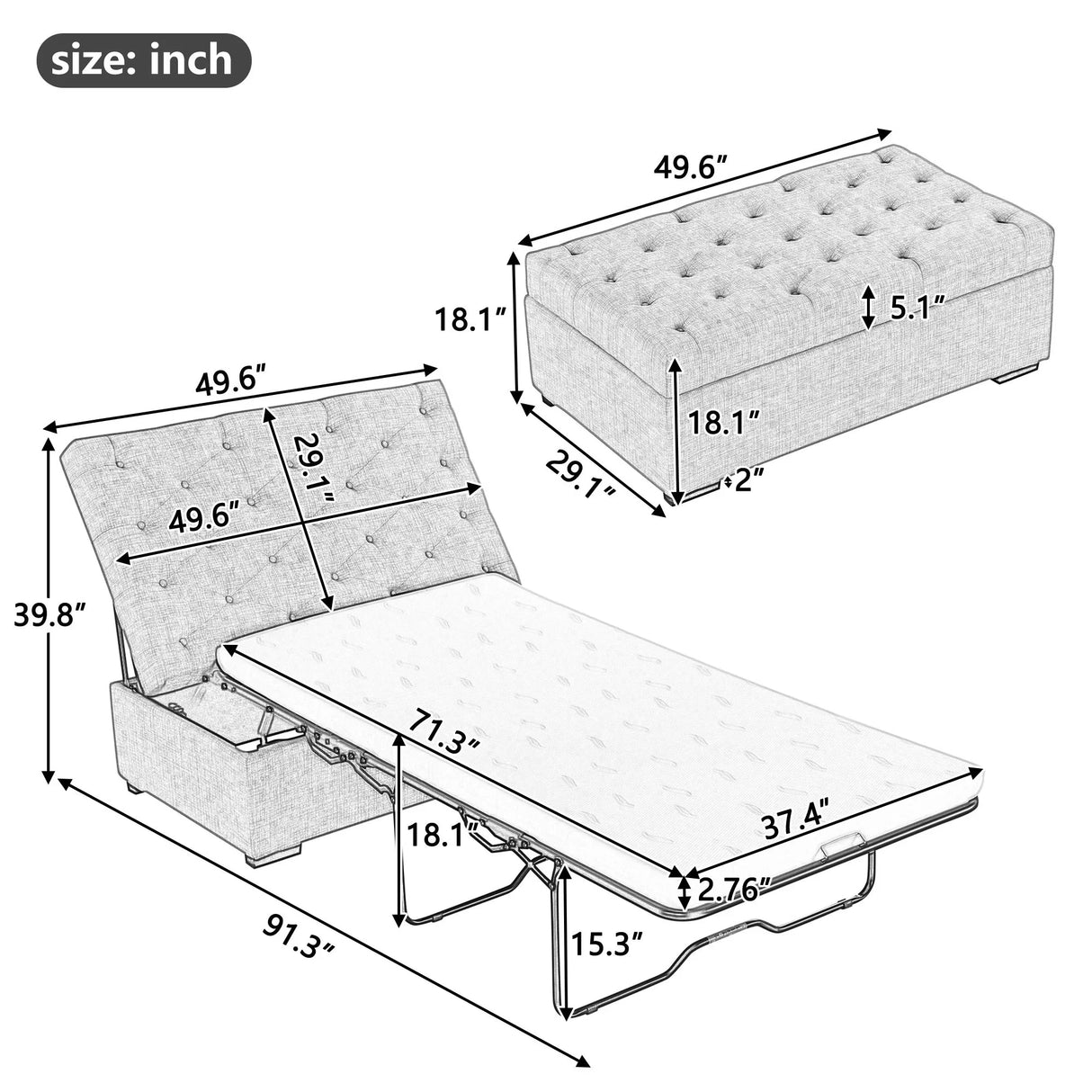 Convertible Folding Sofa Bed Ottoman With Memory Mattress And Tufted Design - Furniture Home Direct