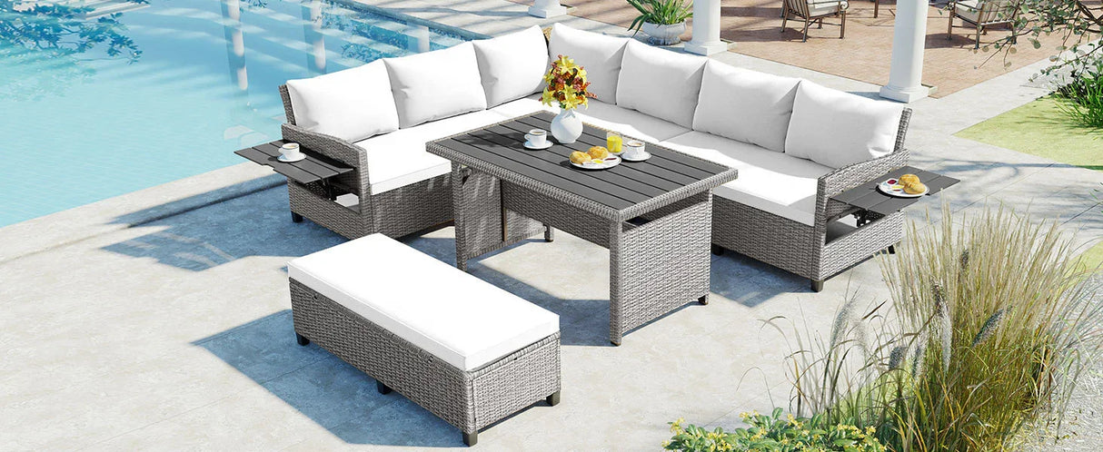 Outdoor Rattan Sectional With 2 Extendable Side Tables and Washable Covers - Furniture Home Direct