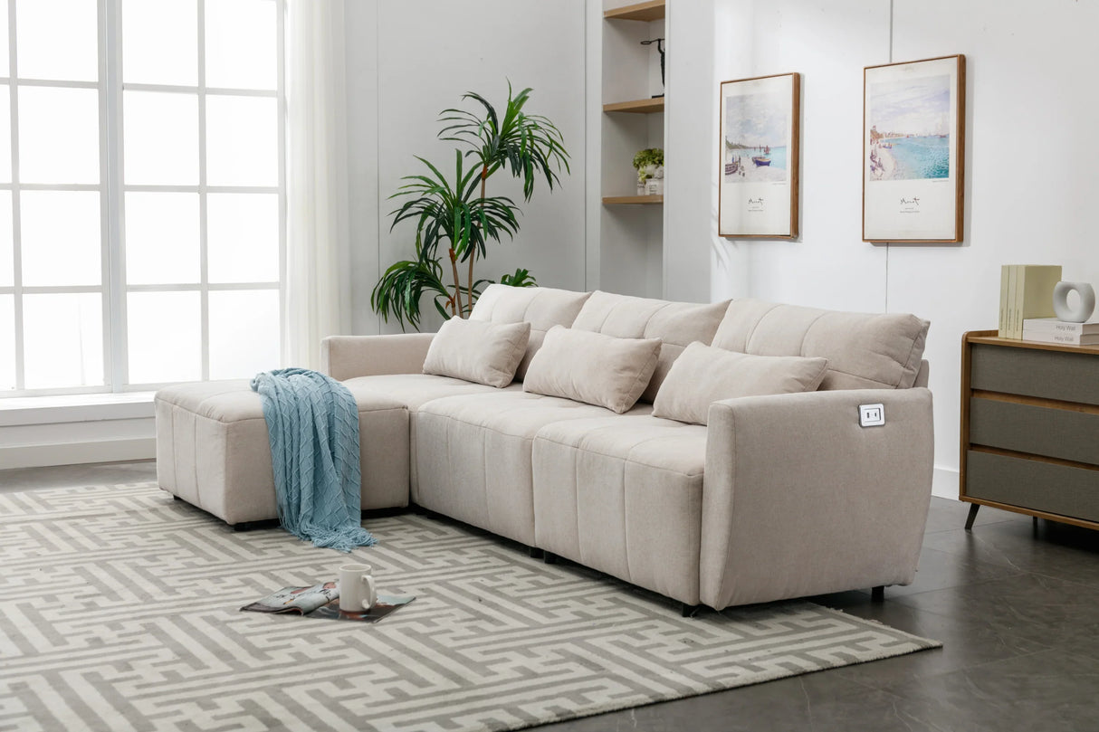 113.3 Modular Sectional With Ottoman And USB C Ports Beige - Furniture Home Direct