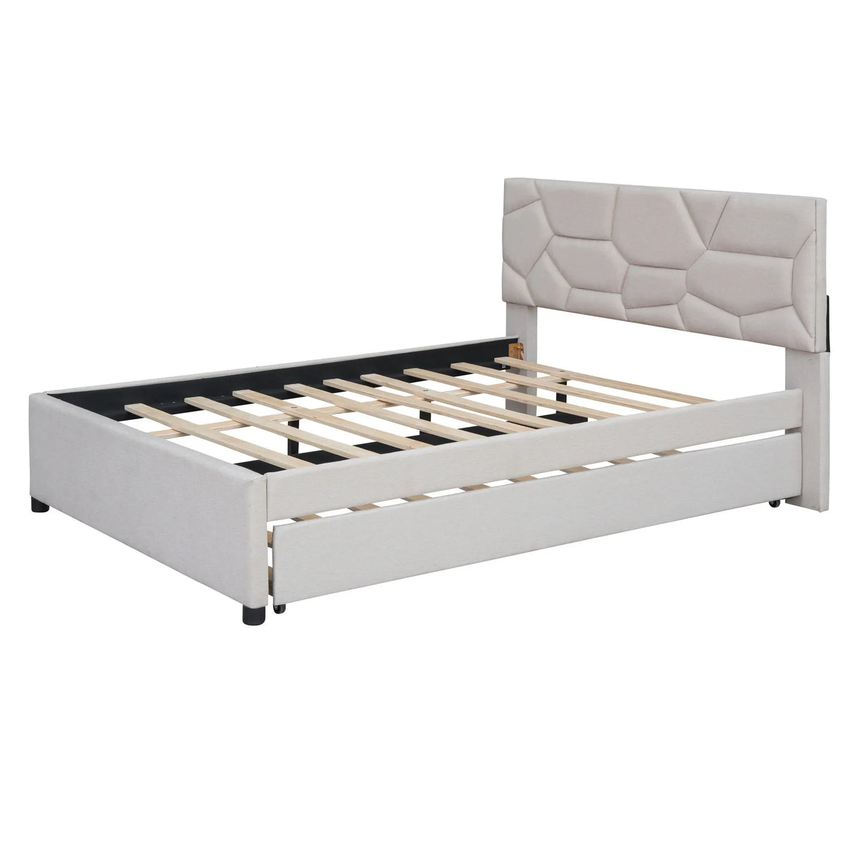 Upholstered Platform Bed With Brick Pattern Headboard And Twin Long Size Trundle - Furniture Home Direct