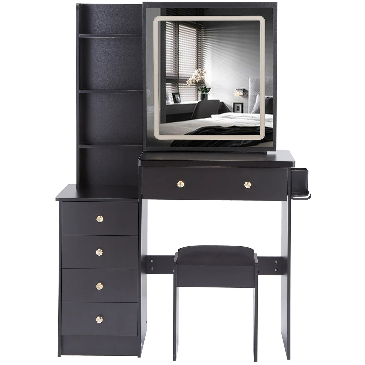 Vanity Table with Cushioned Stool Modern Finish Black - Furniture Home Direct