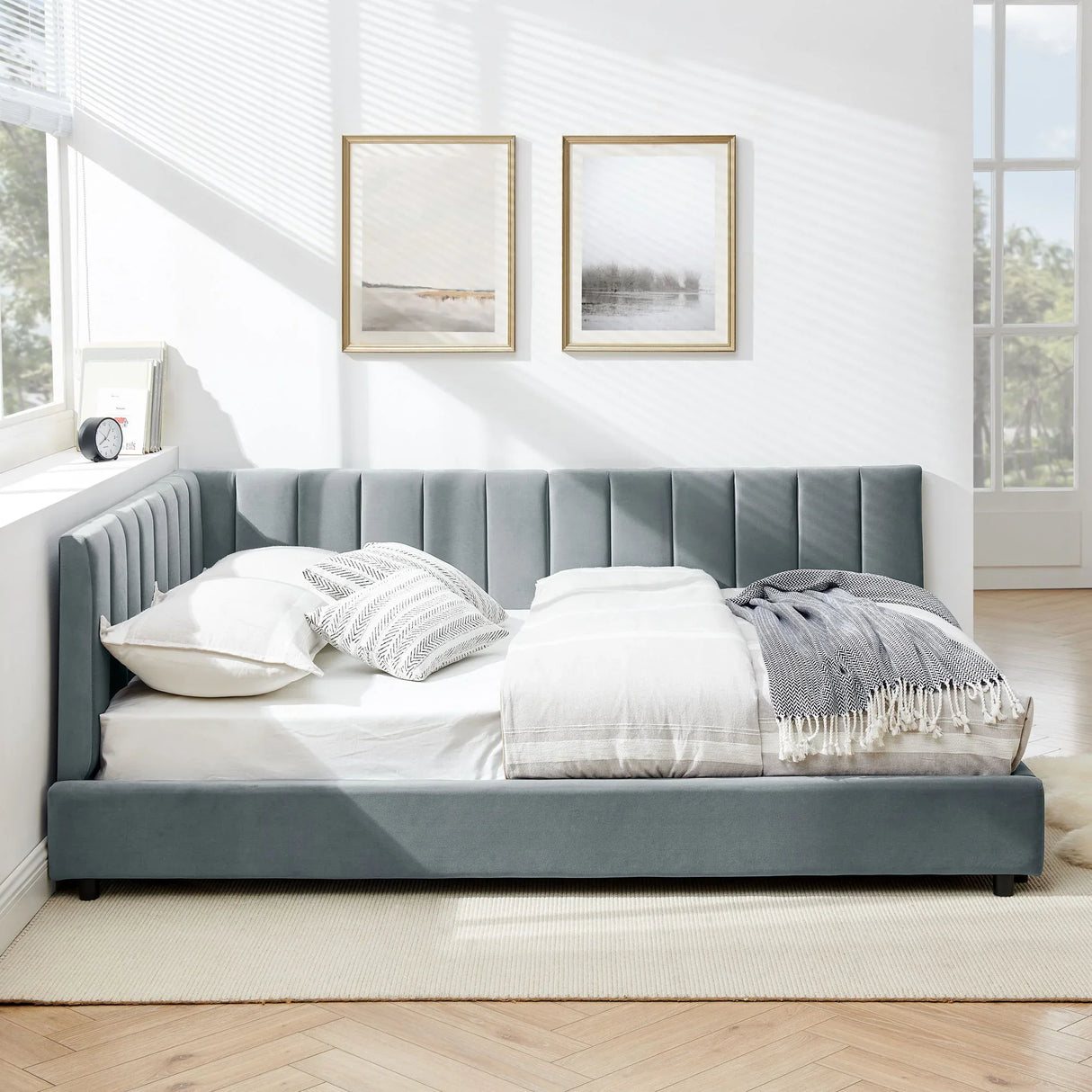 Mid-Century Upholstered Tufted Bed Frame With Backrest And Armrests - Furniture Home Direct