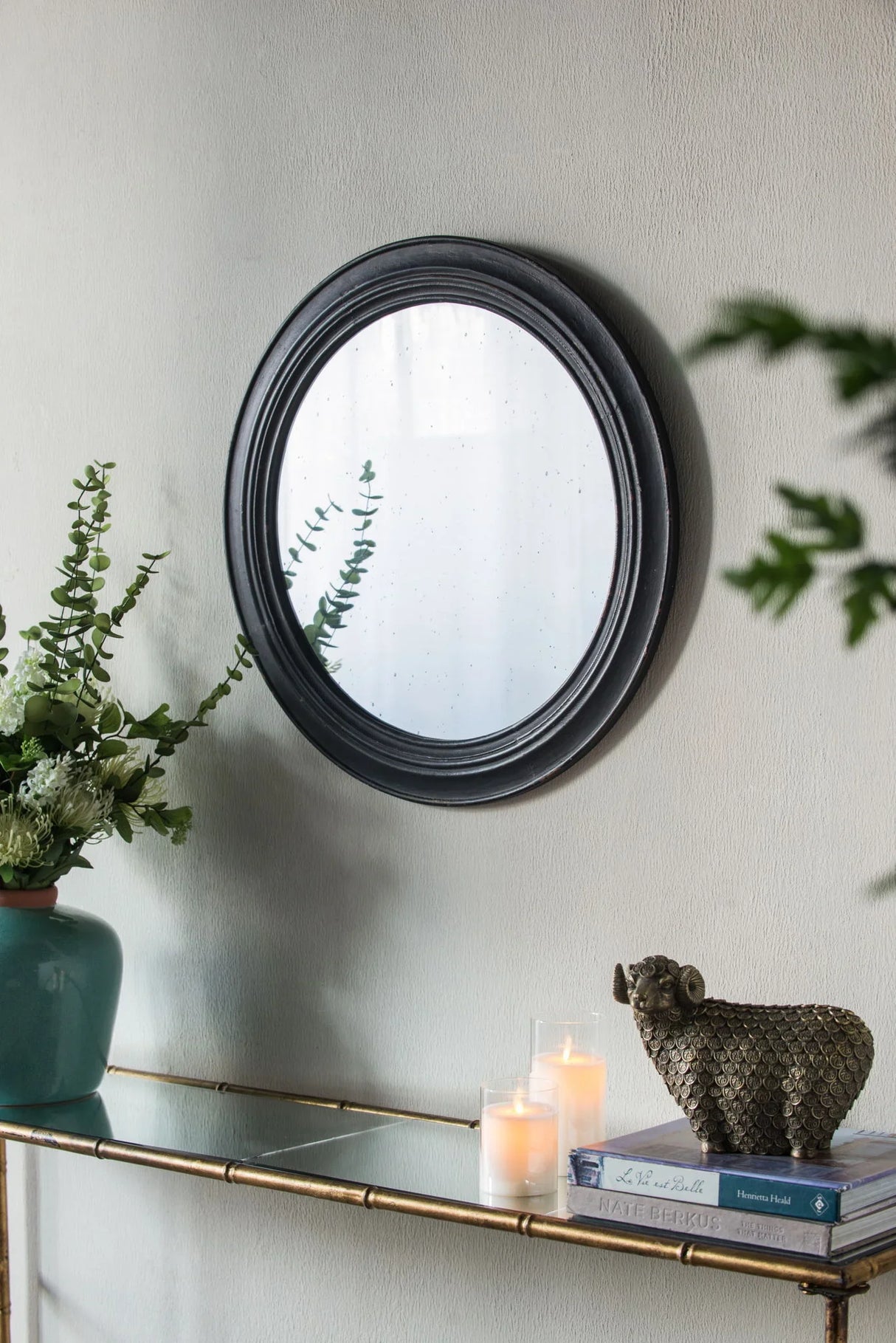 Circle Wall Mirror With Wooden Frame, Antique Classic Accent Mirror, For Living Room - Black - Furniture Home Direct