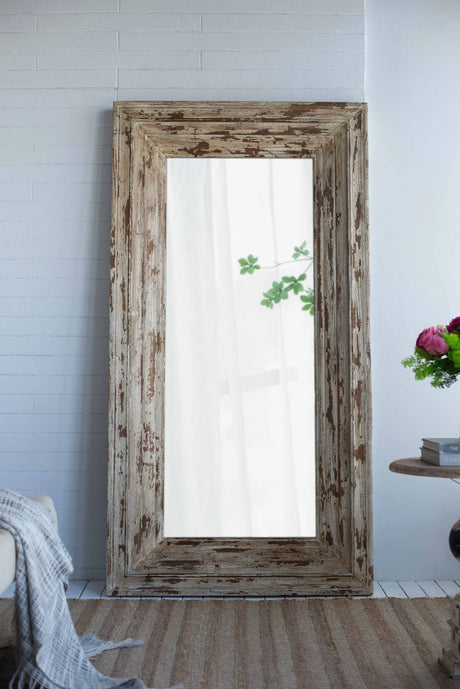 Full Length Rectangle Floor Mirror With Distressed Wood Frame - Brown - Furniture Home Direct