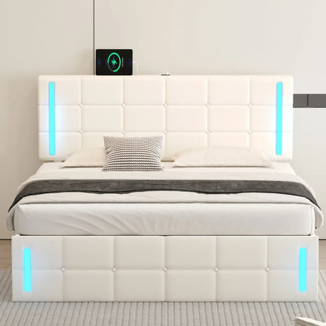 Storage Bed With LED Lights And Hydraulic Lift White - Furniture Home Direct