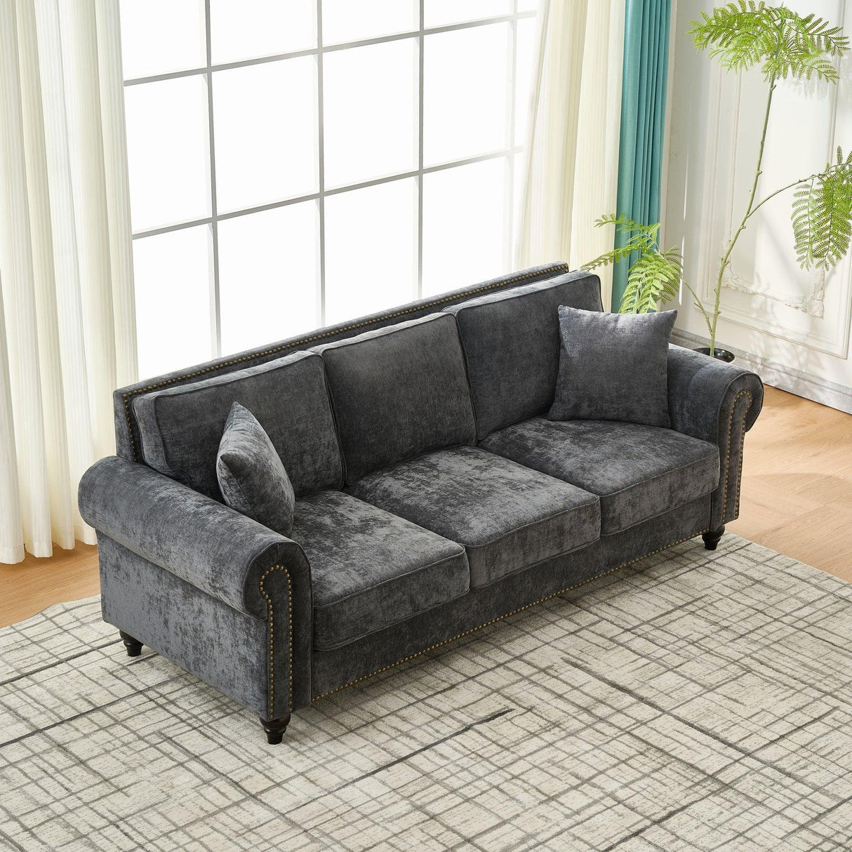 3 Seater Sofa With Tufted Upholstery, Rolled Arms, Nailhead Trim - Furniture Home Direct