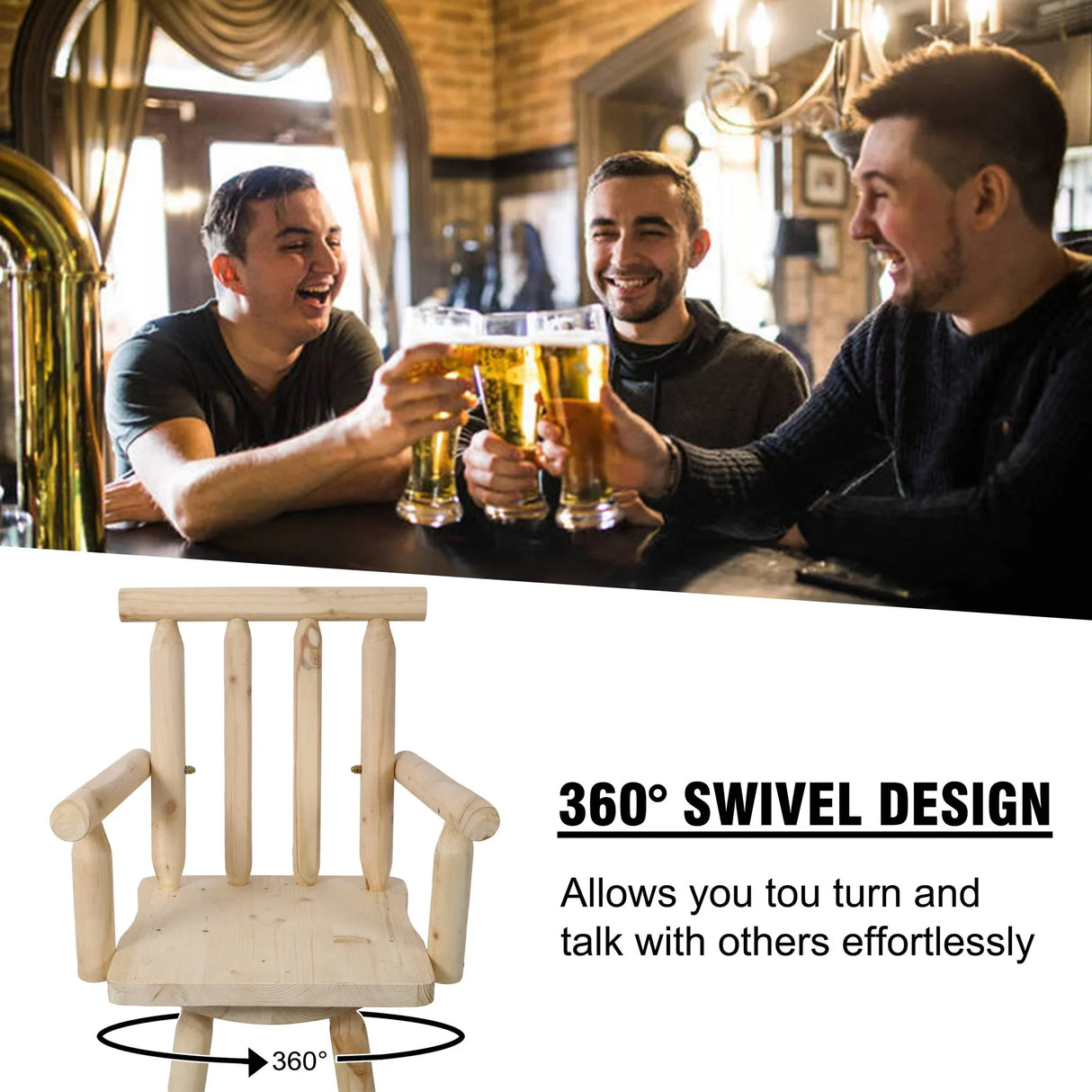 Rustic Bar Stool, Fir Wood Construction, Wide Armrest - Furniture Home Direct