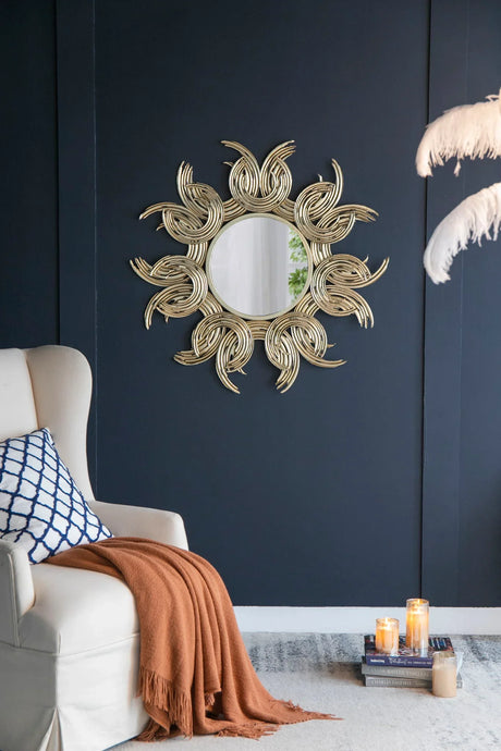 Sunburst Metal Decorative Mirror With, Boho Wall Decor Sun Mirror For Living Room Bathroom Enterway - Gold - Furniture Home Direct