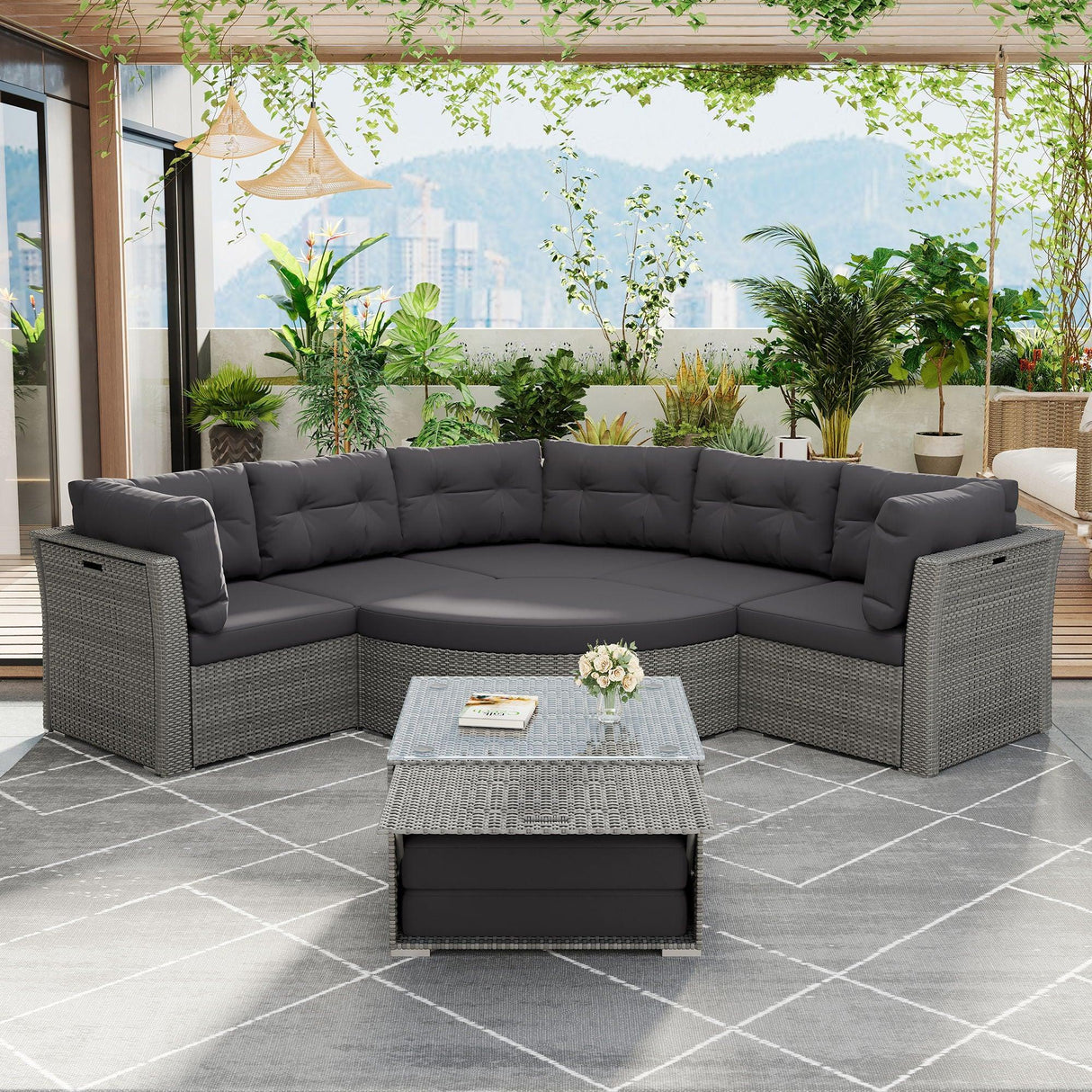 Elegant Patio Furniture Set Outdoor Daybed Rattan Sectional With Cushions And Center Table - Gray - Furniture Home Direct