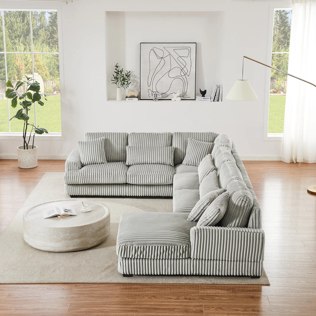 Sectional Sofa Oversized U Shaped Corduroy Fabric Gray - Furniture Home Direct
