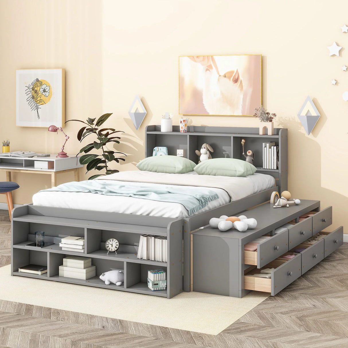 Bed With Bookcase Headboard, Under Bed Storage Drawers And Bed End Storage Case - Furniture Home Direct