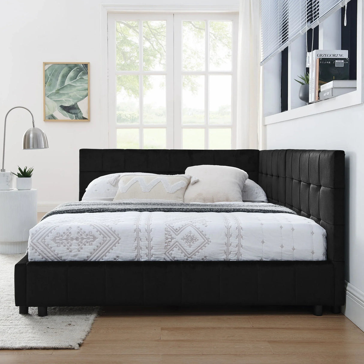 Mid-Century Storage Upholstered Tufted Bed Frame With Backrest And Armrests - Furniture Home Direct