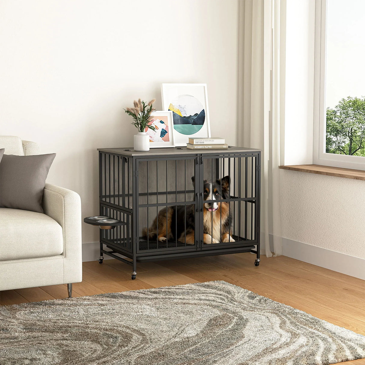 Modern Kennel Dogs Room Up To 80 Lb, Dog Crate Furniture With Multi-Purpose Rremovable Ttray, Double-Door Dog House, Lift Panel, 360 Degree Rotation, 3 Height Adjustable Feeding Bowls - Furniture Home Direct
