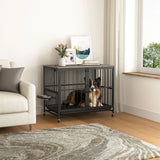 Modern Kennel Dogs Room Up To 80 Lb, Dog Crate Furniture With Multi-Purpose Rremovable Ttray, Double-Door Dog House, Lift Panel, 360 Degree Rotation, 3 Height Adjustable Feeding Bowls - Furniture Home Direct