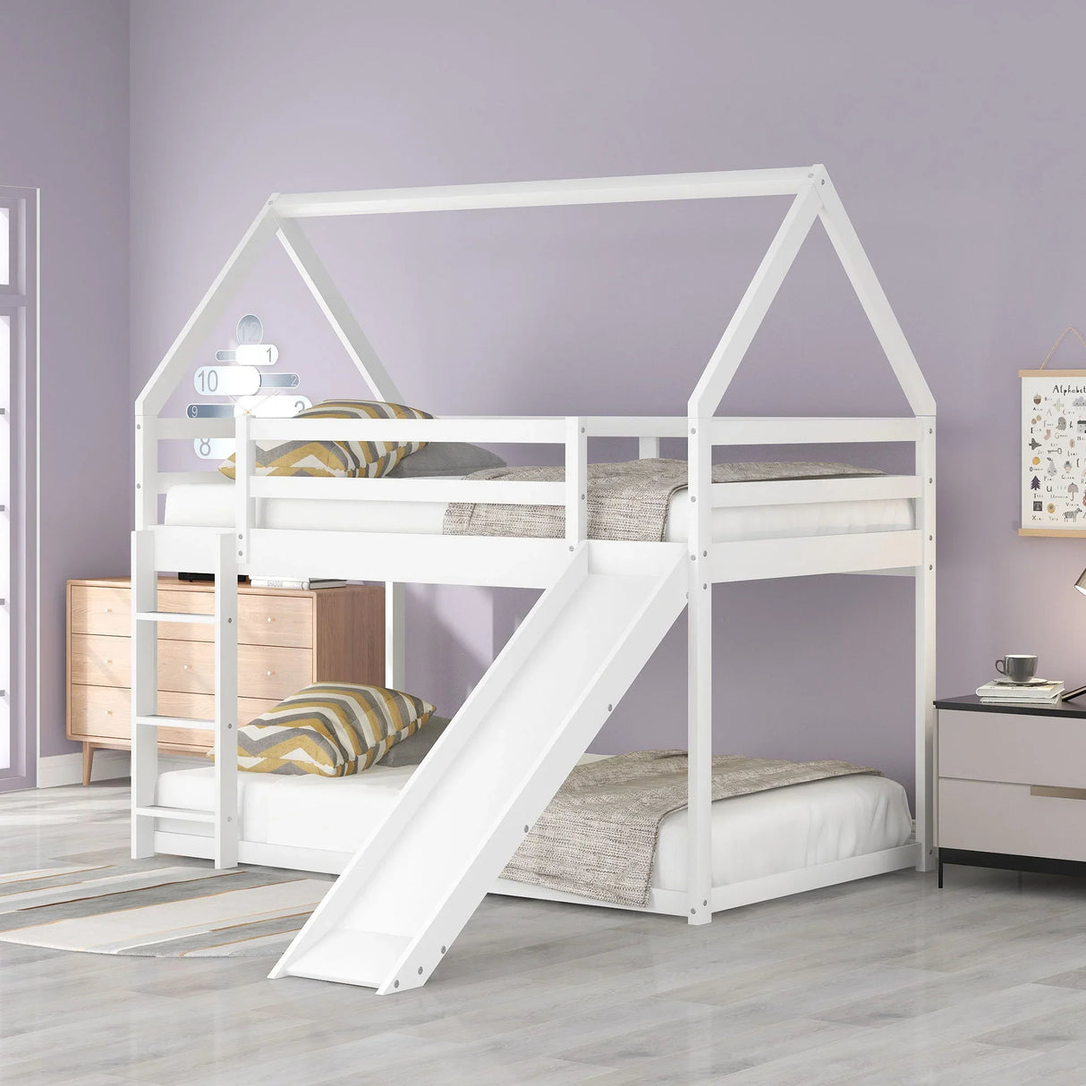 Twin Size Bunk House Bed With Slide And Ladder - White - Furniture Home Direct