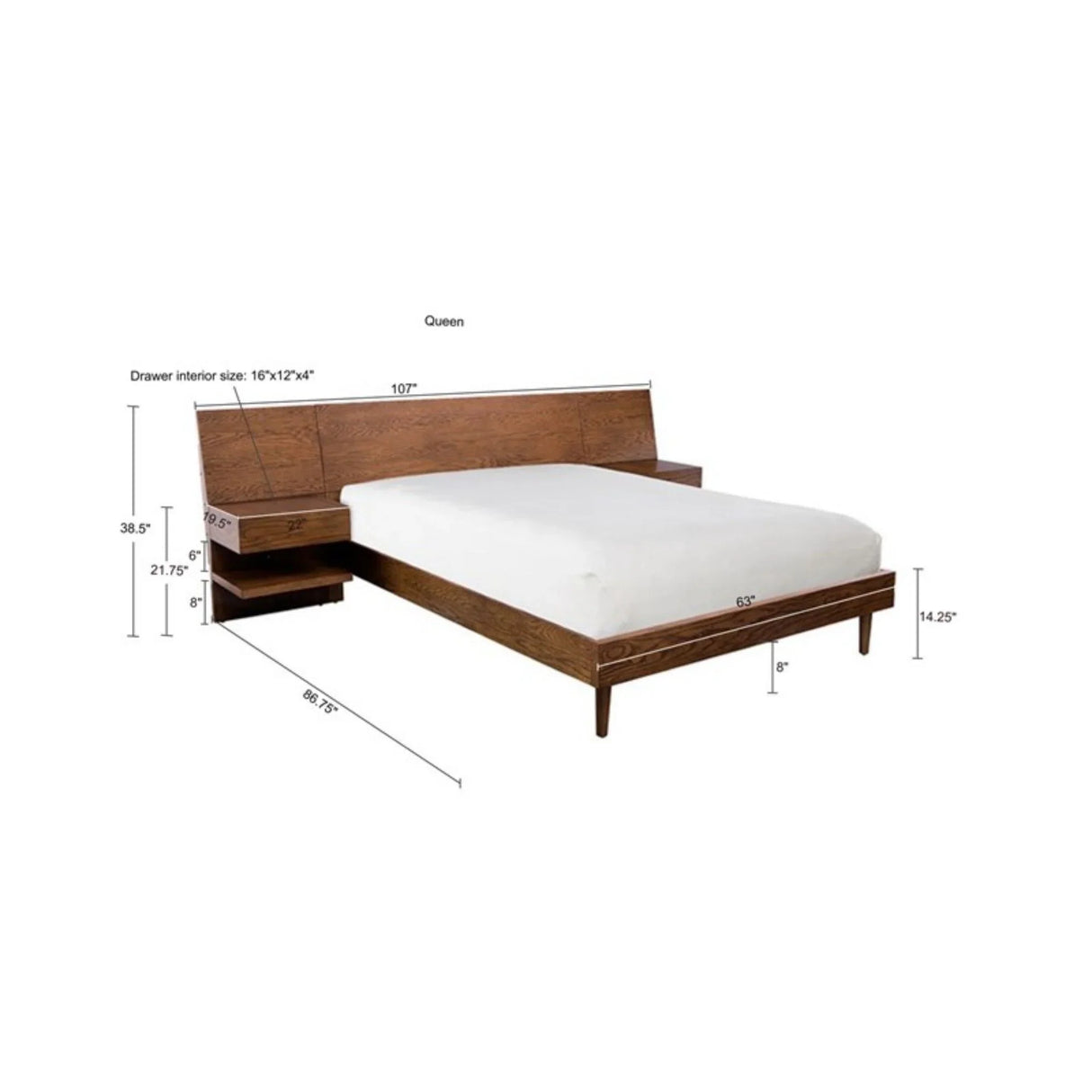 Queen Size Bed With Attached Nightstands And Hidden Storage - Pecan - Furniture Home Direct