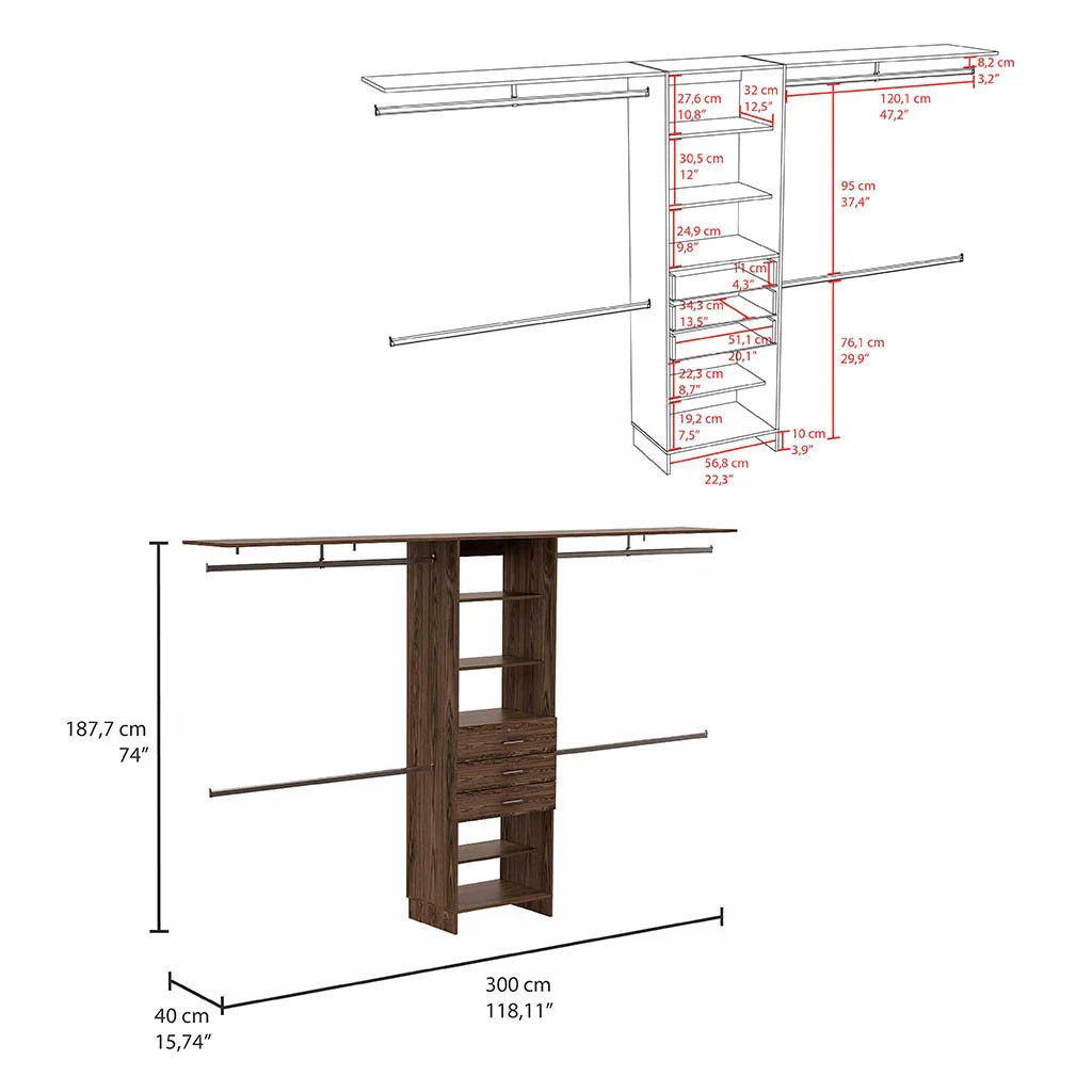 Closet System With Five Shelves And Drawers Dark Walnut - Furniture Home Direct