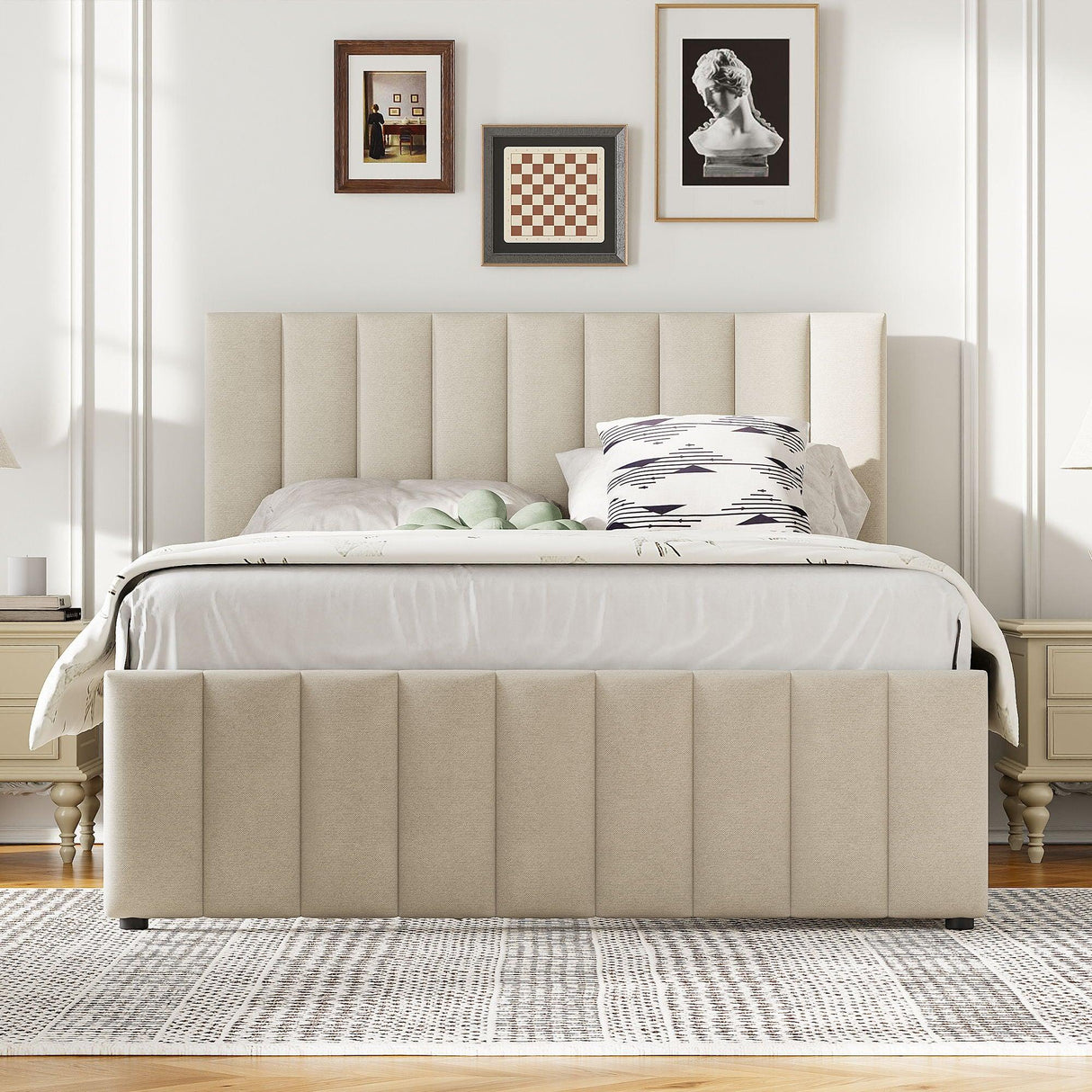 Upholstered Platform Bed With Twin Size Trundle And 3 Drawers - Furniture Home Direct