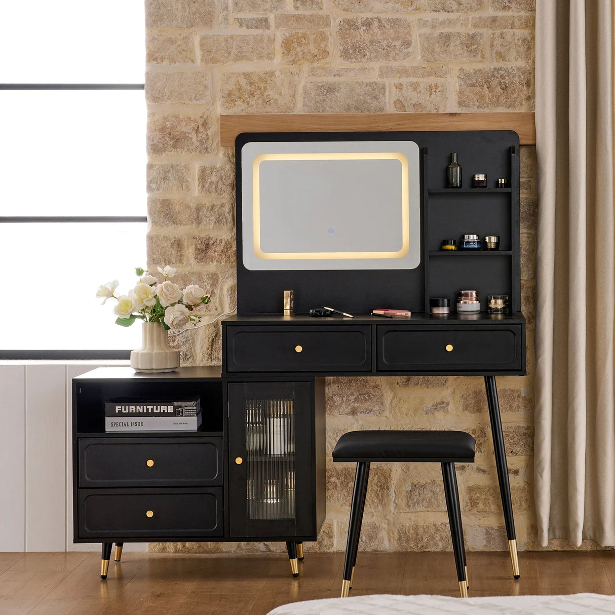 Modern Makeup Vanity Desk With Mirror And Lights Retractable Design Engineered Wood - Black - Furniture Home Direct