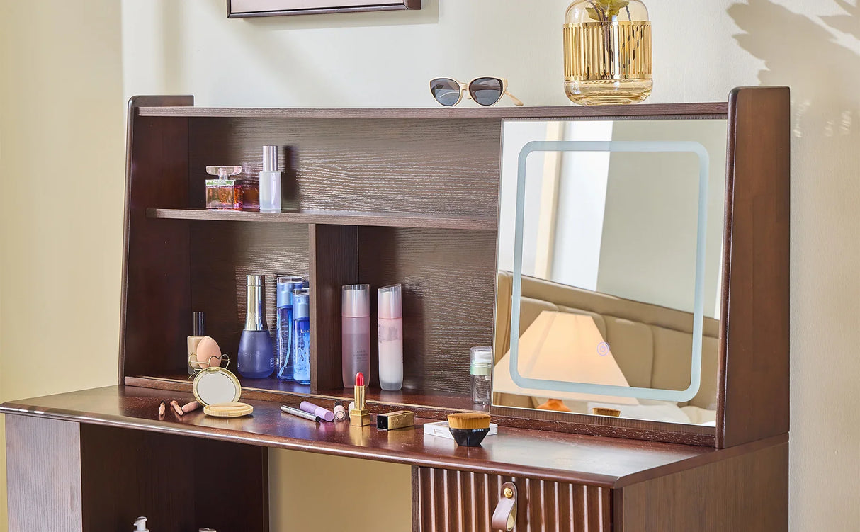 Vanity Desk With Hutch Mirror Storage And Drawers Walnut - Furniture Home Direct
