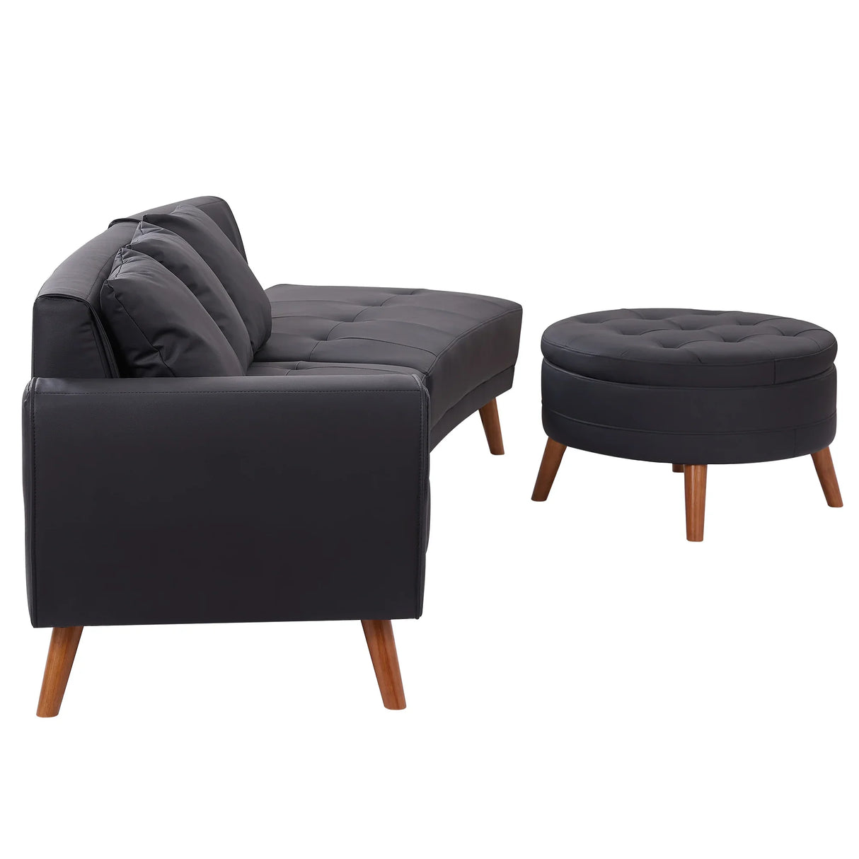 107 Inch Black Sectional With Round Storage Ottoman - Furniture Home Direct