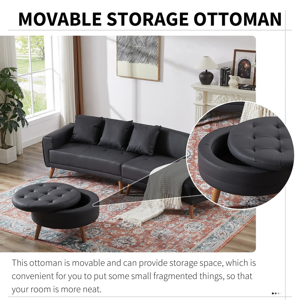 107 Inch Black Sectional With Round Storage Ottoman - Furniture Home Direct