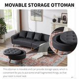 107 Inch Black Sectional With Round Storage Ottoman - Furniture Home Direct