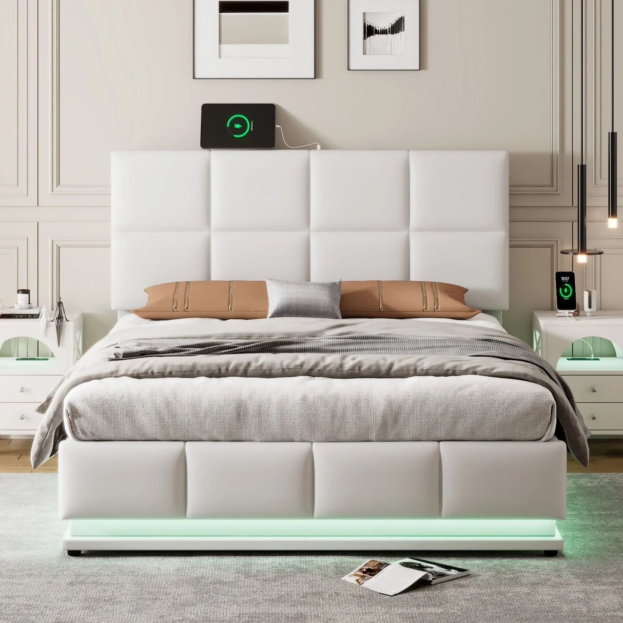 Platform Bed Tufted Upholstered Hydraulic Storage White - Furniture Home Direct