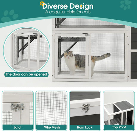 3 Tier Wooden Outdoor & Indoor Cat House Suitable For 1-3 Cats Cat Enclosure Resting Box With 4 Platforms And 2 Doors Cat Shelter Kitty House With A Jump Box For Hiding And Resting Cat Cage - Gray - Furniture Home Direct