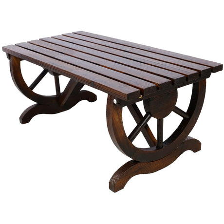 Rustic Wooden Bench With Wagon Wheel Legs For Garden And Patio - Brown - Furniture Home Direct