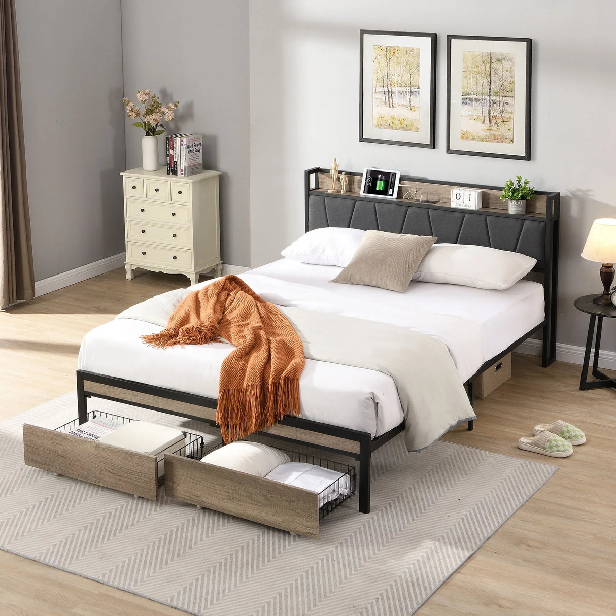 Modern Bed Frame With LED Lights, Upholstered Headboard, USB Charging - Furniture Home Direct