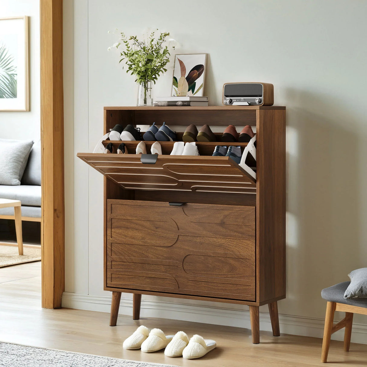 Medieval - Independent Shoe Cabinet With 2 Flip Drawers - Walnut - Furniture Home Direct