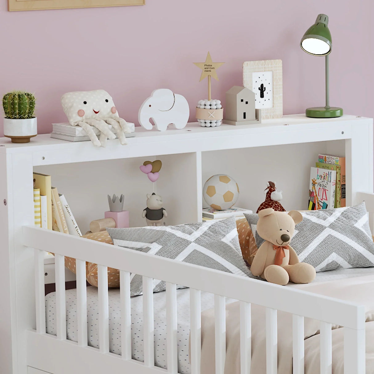 Bed With Headboard Storage Rack, 2 Under Bed Drawers, 3 Side Guardrails For Safety - Furniture Home Direct