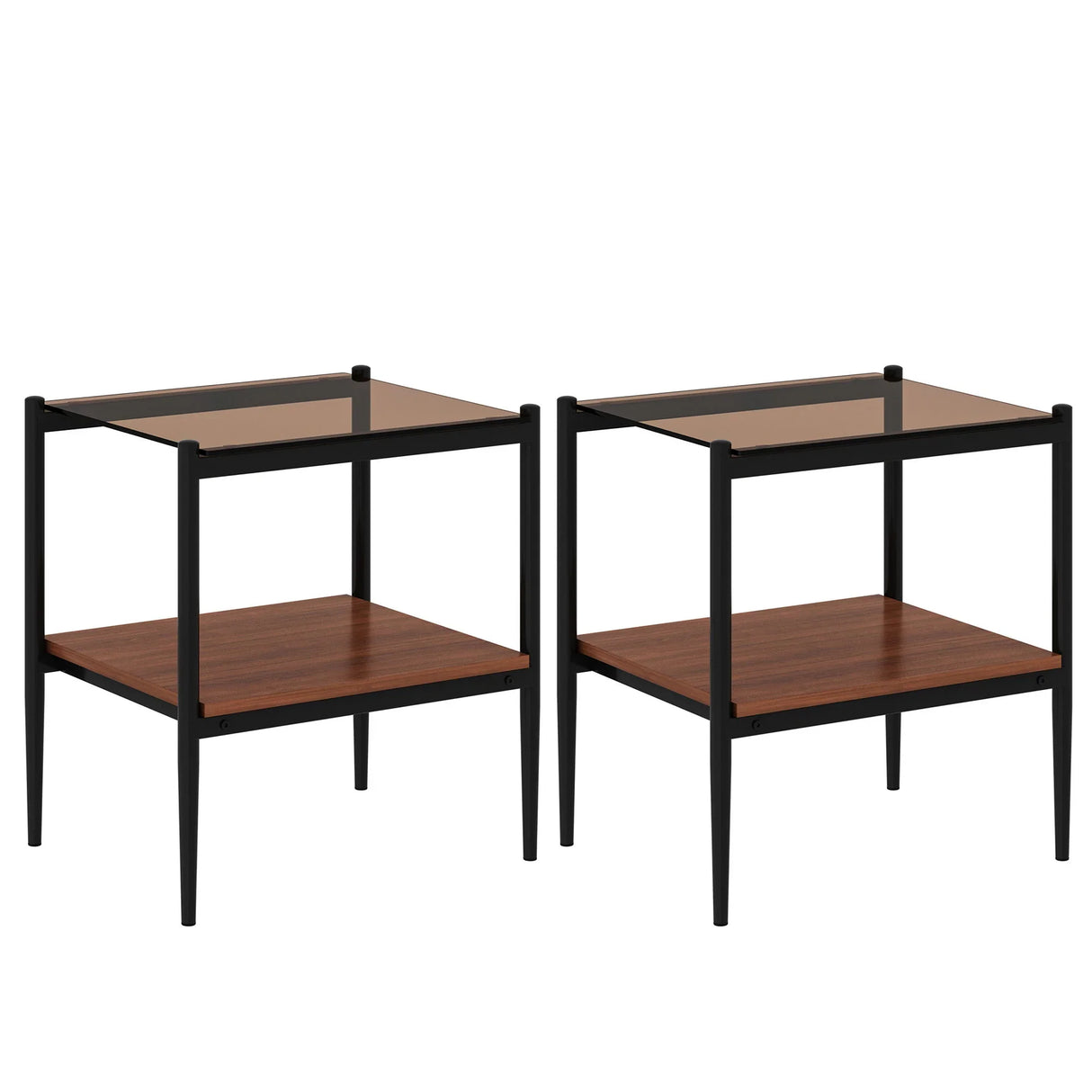 Modern Rectangle End Table (Set of 2) With Tempered Glass Tabletop And Layer - Brown - Furniture Home Direct