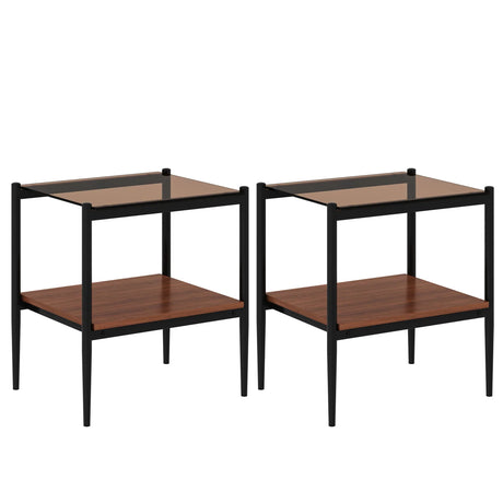 Modern Rectangle End Table (Set of 2) With Tempered Glass Tabletop And Layer - Brown - Furniture Home Direct
