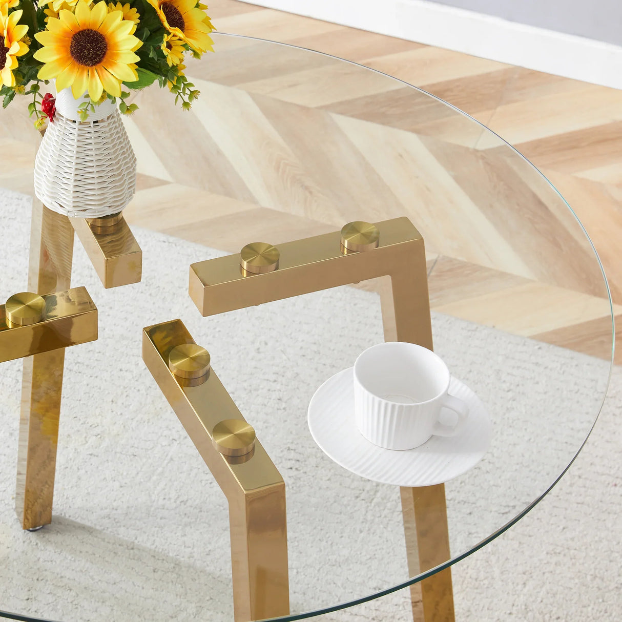 Dining Table Round Glass Top With Metal Base Finish Gold - Furniture Home Direct