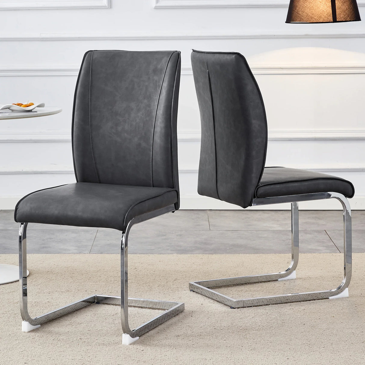 Dining Chairs Cantilever Metal Frame Polished PU Dark Gray - Furniture Home Direct