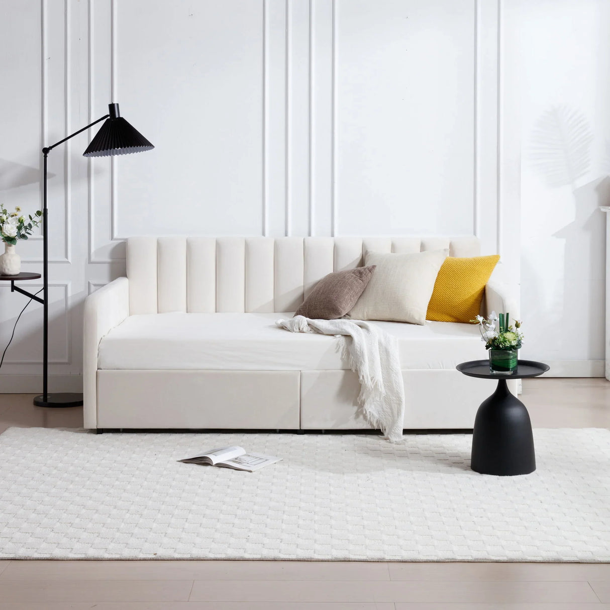 Flora - Upholstered Daybed With 2 Drawers Ribbed Tufted Backrest in Lavish Modern Design - Furniture Home Direct