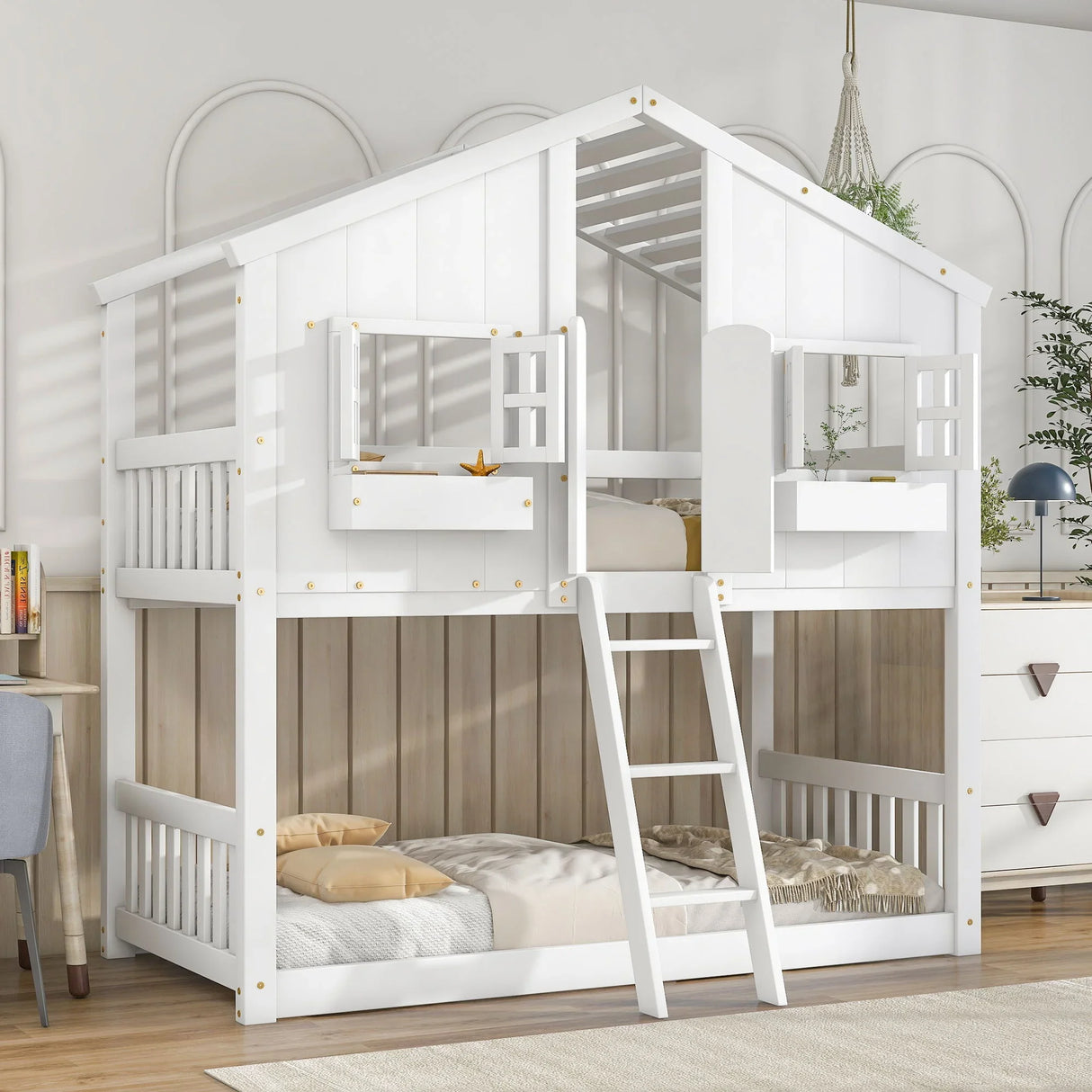 House Bunk Bed With Roof, Window, Window Box, Door, With Safety Guardrails And Ladder - Furniture Home Direct