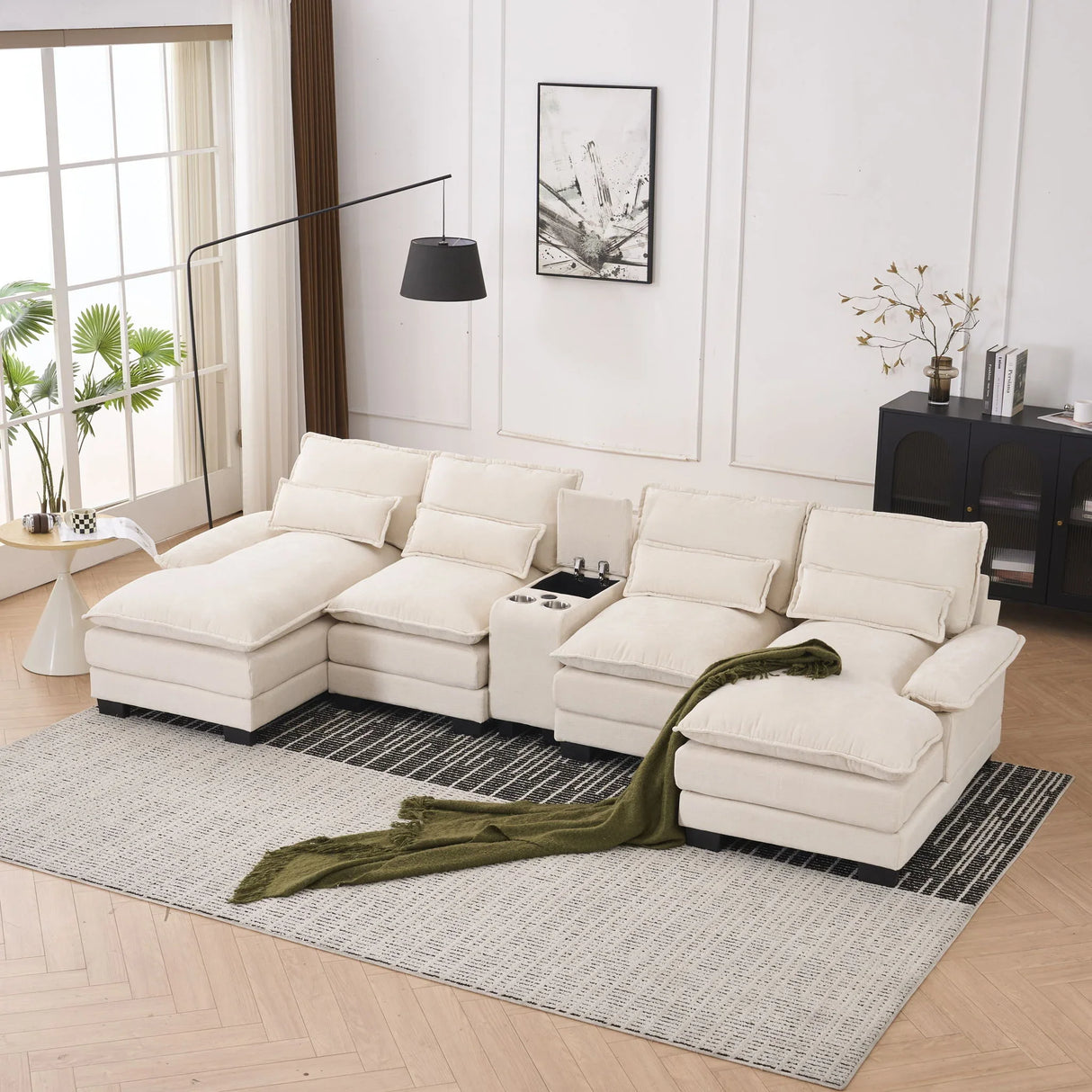 U Shaped Sofa With Console, Cupholders, USB Ports, 6 Seat, Bronzing Suede & Chenille - Furniture Home Direct