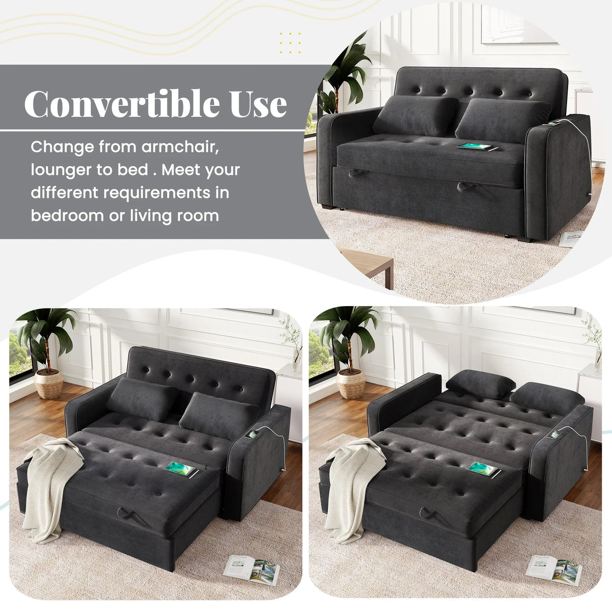 66.5" Upholstered Loveseat With Pull Out Bed, Two Throw Pillows, Dual USB Charging Port and Adjustable Backrest - Black - Furniture Home Direct