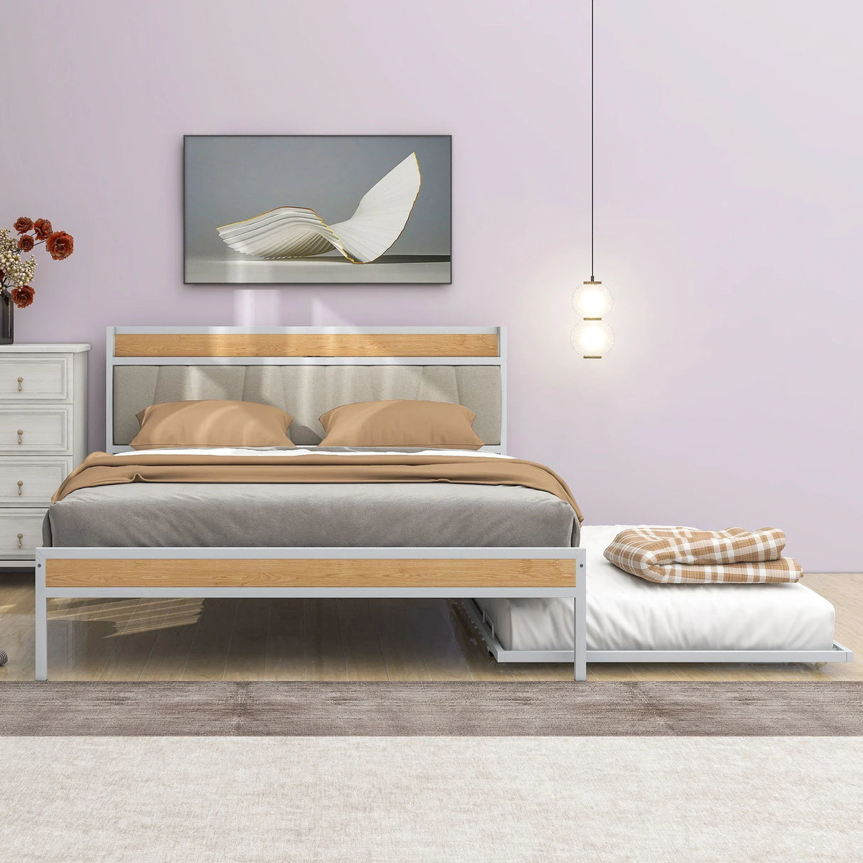 Platform Bed Frame With Trundle, USB Ports And Slat Support, No Box Spring Needed - Furniture Home Direct