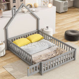 House-Shaped Headboard Floor Bed With Fence - Furniture Home Direct