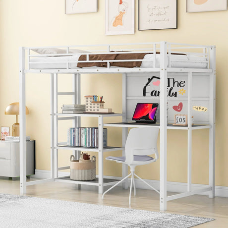 Metal Loft Bed With Desk, 3 Shelves And Ladder - Furniture Home Direct