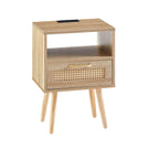 15.75" Rattan End Table With Power Outlet & USB Ports, Modern Nightstand With Drawer And Solid Wood Legs, Side Table For Living Room, Bedroom - Furniture Home Direct